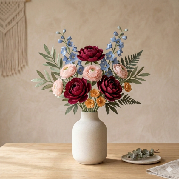 Handmade crochet flower bouquet with colorful yarn flowers arranged in ceramic vase on table