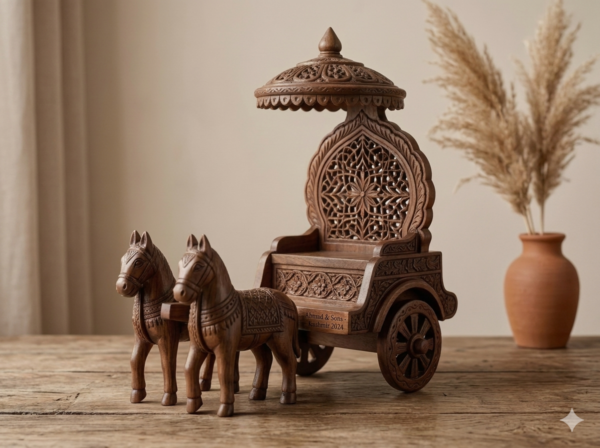 Handcrafted wooden chariot showpiece with carved horses and decorative canopy placed on wooden table