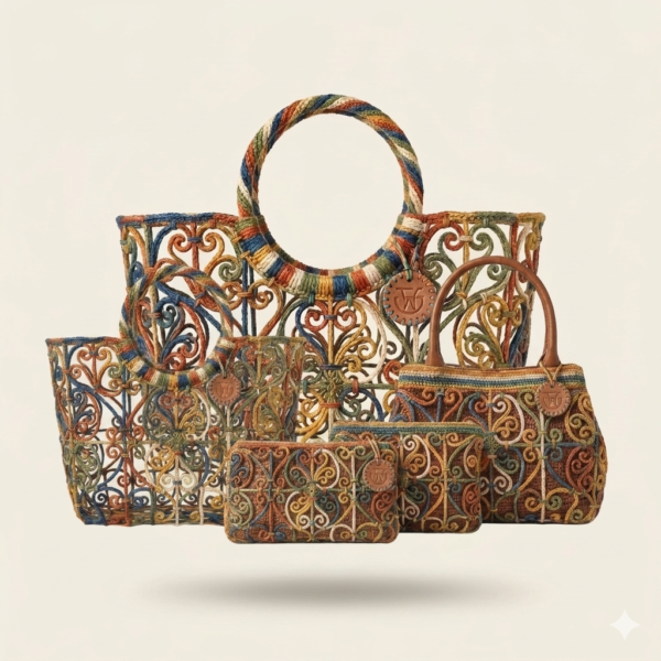 Handcrafted metal and wire designer bag set with intricate multicolor patterns and structured handles