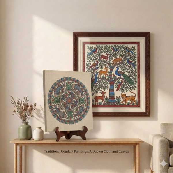 Handcrafted Gond painting with colorful tribal patterns and nature-inspired design displayed on wall