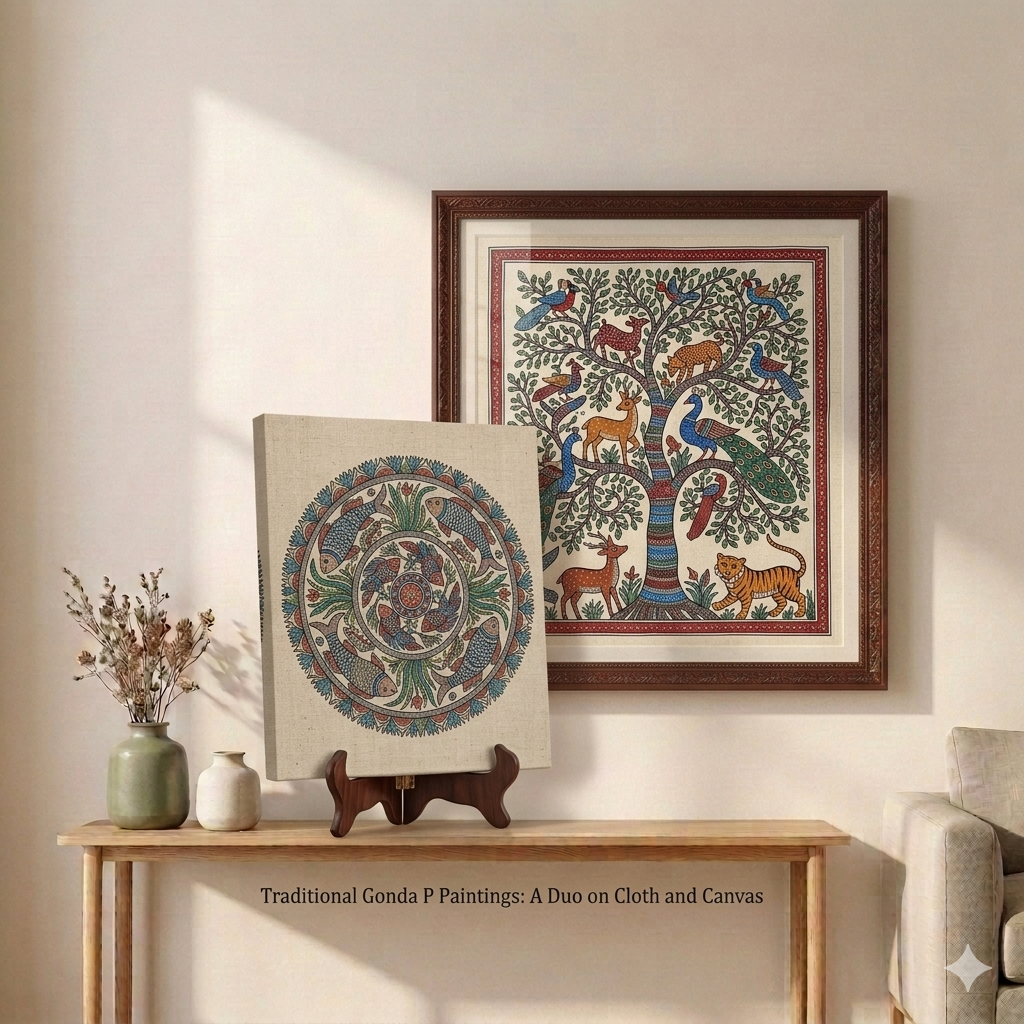Handcrafted Gond painting with colorful tribal patterns and nature-inspired design displayed on wall