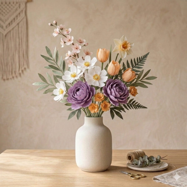 Handmade crochet flower bouquet with colorful yarn flowers arranged in ceramic vase on table