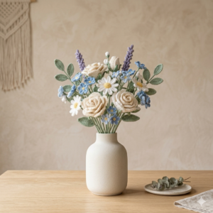 Handmade crochet flower bouquet with colorful yarn flowers arranged in ceramic vase on table