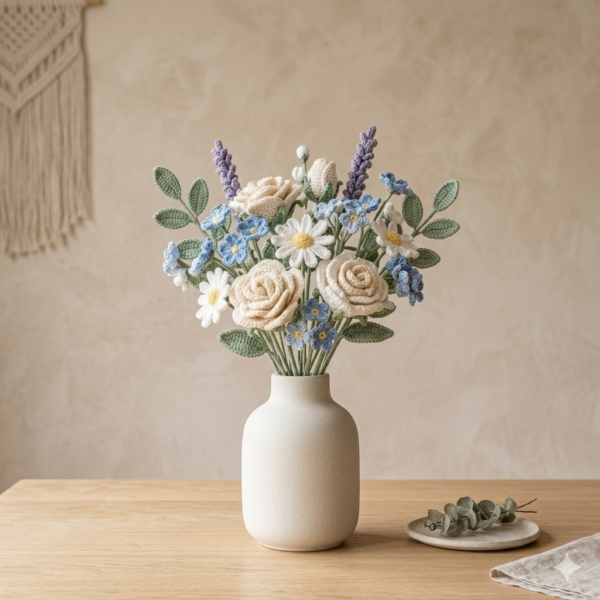 Handmade crochet flower bouquet with colorful yarn flowers arranged in ceramic vase on table