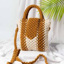 Handwoven crochet cotton handbag in mustard and white with shoulder strap and boho design