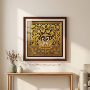 Handcrafted Nirmal painting with gold floral design in wooden frame displayed on wall