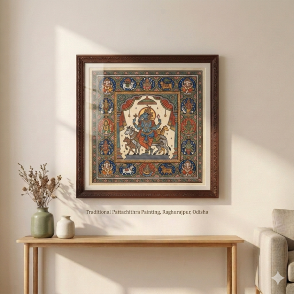 Handcrafted Pattachitra painting with intricate traditional patterns and mythological design displayed on wall