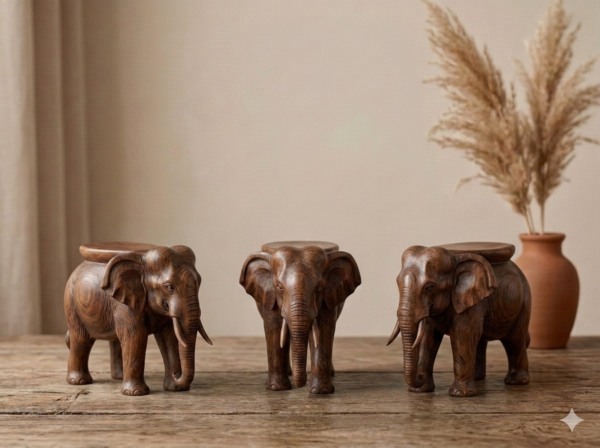 Handcrafted wooden elephant stool set with detailed carving and natural wood finish placed on a table