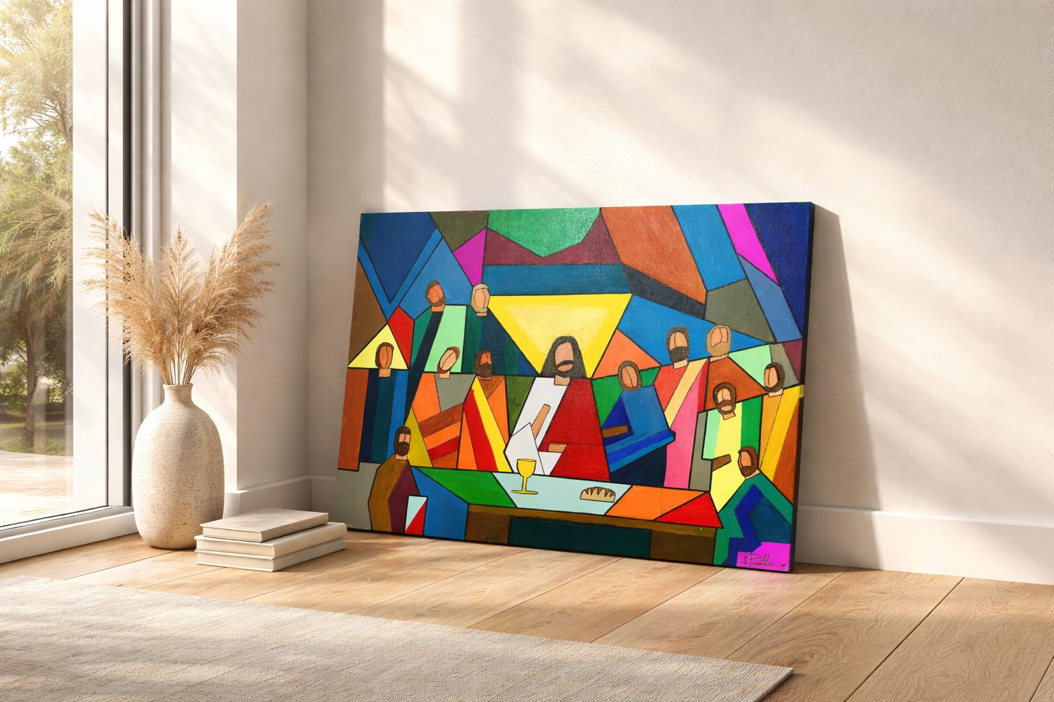 Geometric folk art painting with vibrant colors
