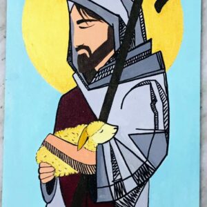 A vibrant handcrafted painting depicting a symbolic gathering, rendered in bold geometric forms and rich colors.