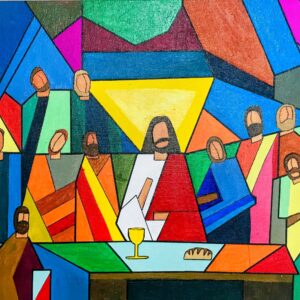 Colorful geometric folk art painting representing unity and faith, handcrafted by Indian artisans
