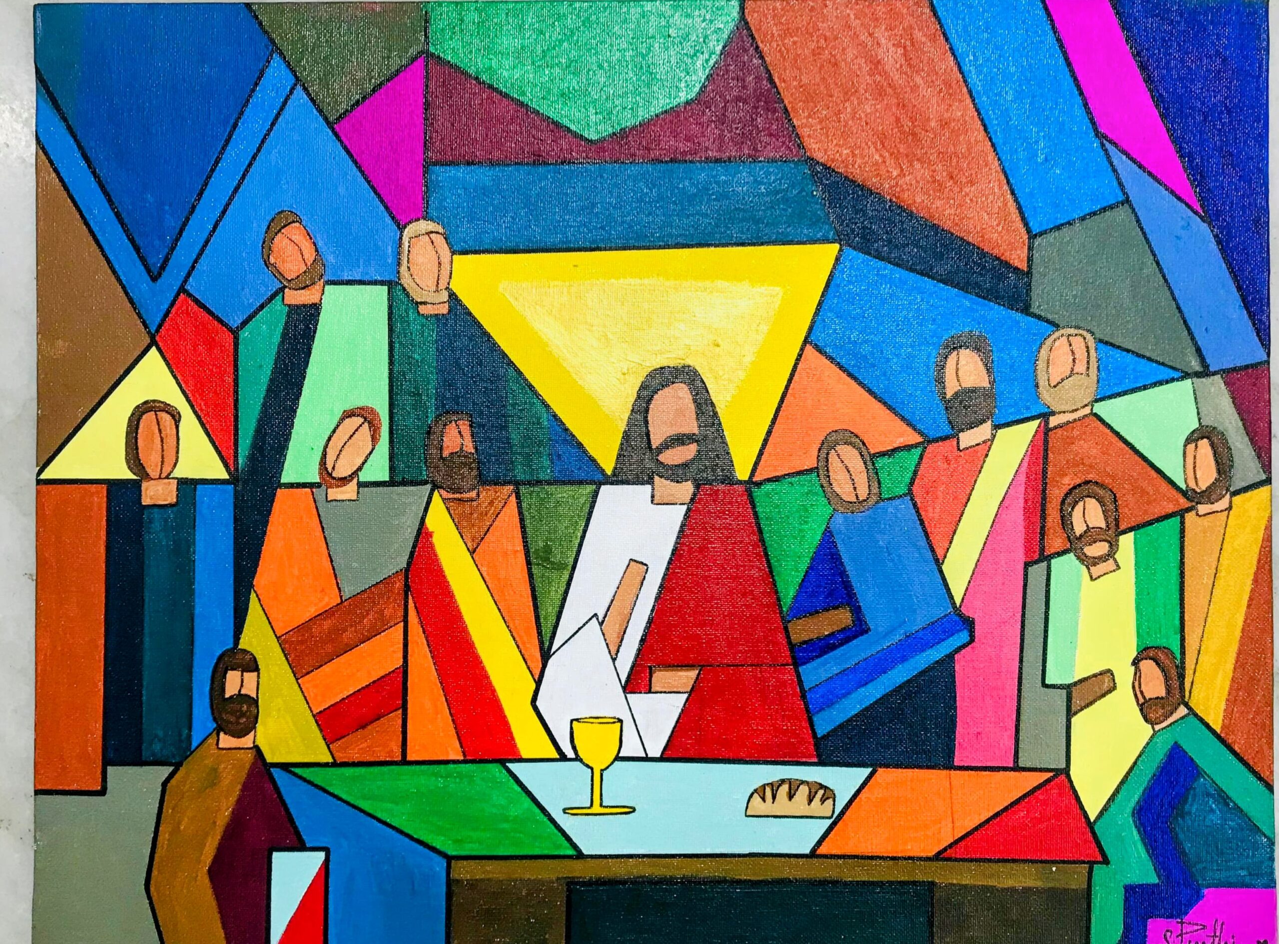Colorful geometric folk art painting representing unity and faith, handcrafted by Indian artisans