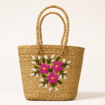 Handmade floral embroidered jute tote bag crafted by Indian artisans for everyday shopping and gifting.