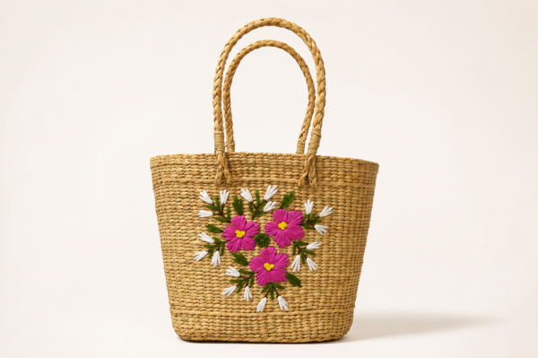 Handmade floral embroidered jute tote bag crafted by Indian artisans for everyday shopping and gifting.